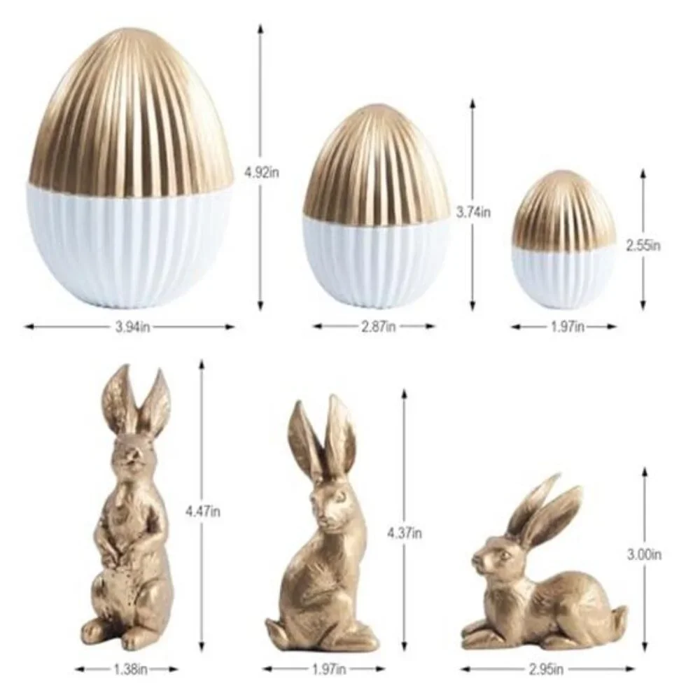 6PCS Easter Decorations with 3 Rabbits and 3 Gold Easter Eggs - Picture 2 of 6